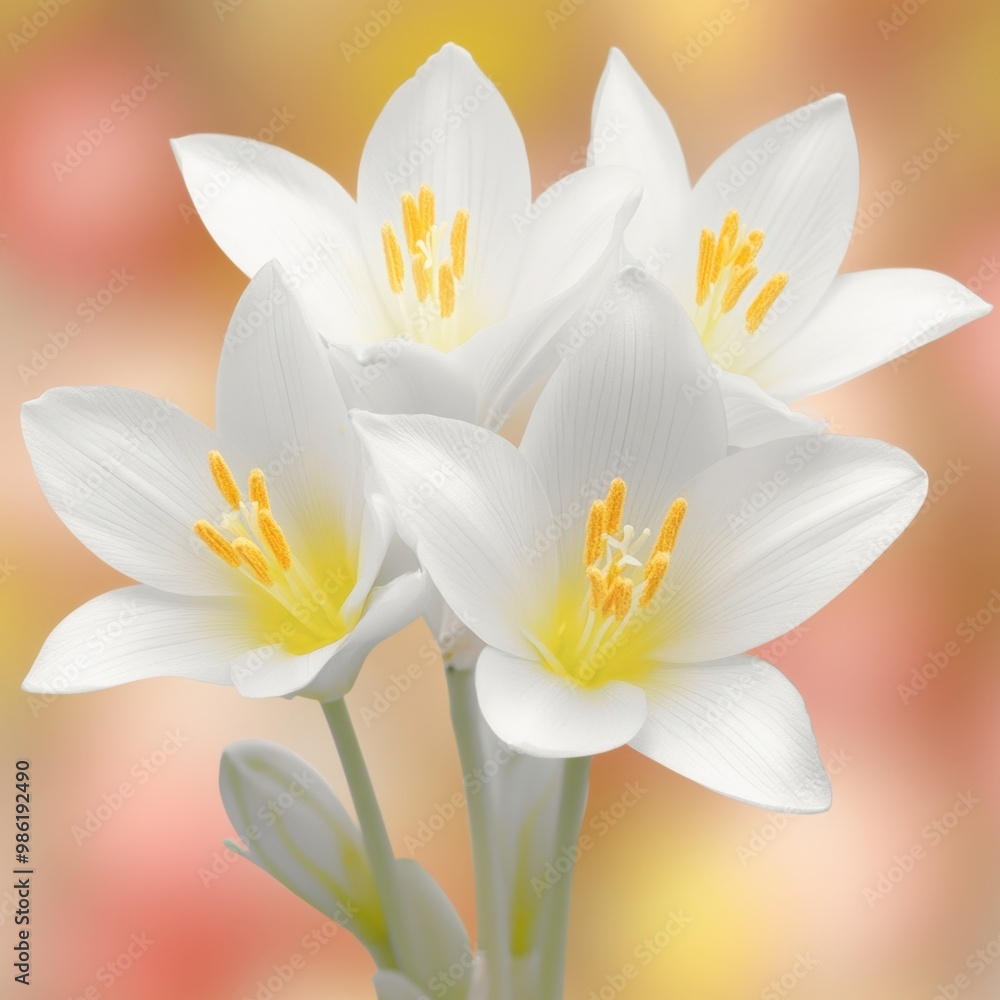 Elegant white lilies bloom vibrantly against a softly blurred pastel background Elegant white lilies bloom vibrantly against a softly blurred pastel background