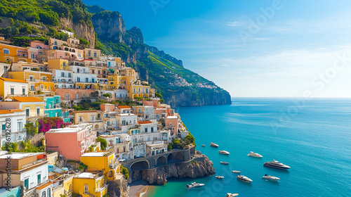 Amalfi Coast with colorful houses and blue sea. ai generated.