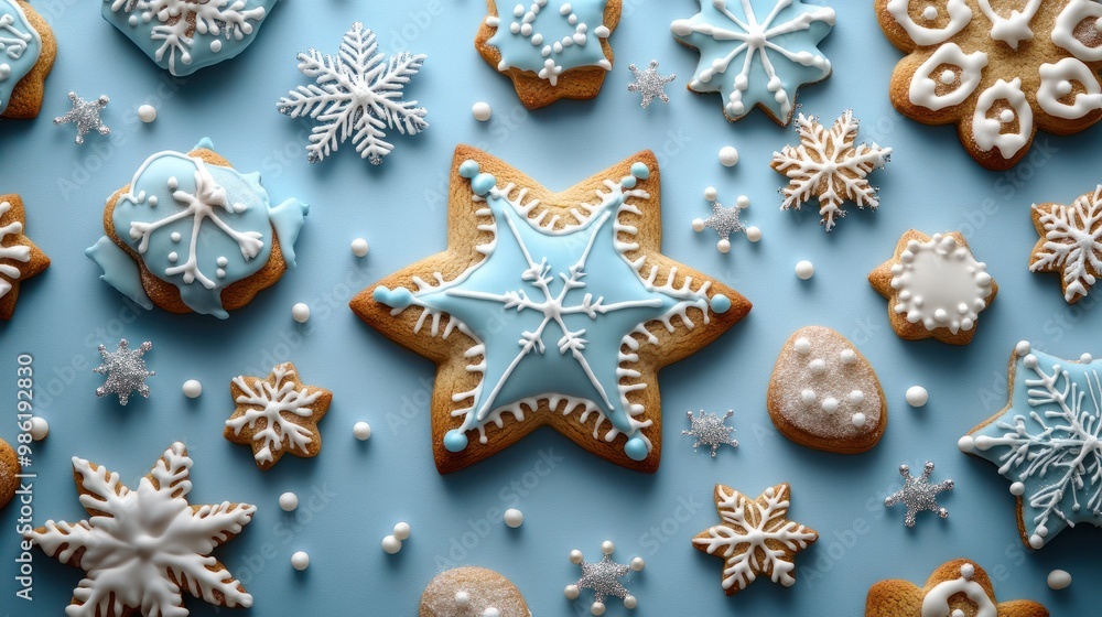 Iced decorated cookies, christmas bakery in blue and white, delicious gingerbread traditional, seasonal cookie on xmas background. Card. Iced decorated cookies, christmas bakery in blue and white, delicious gingerbread traditional, seasonal cookie on xmas background. Card.
