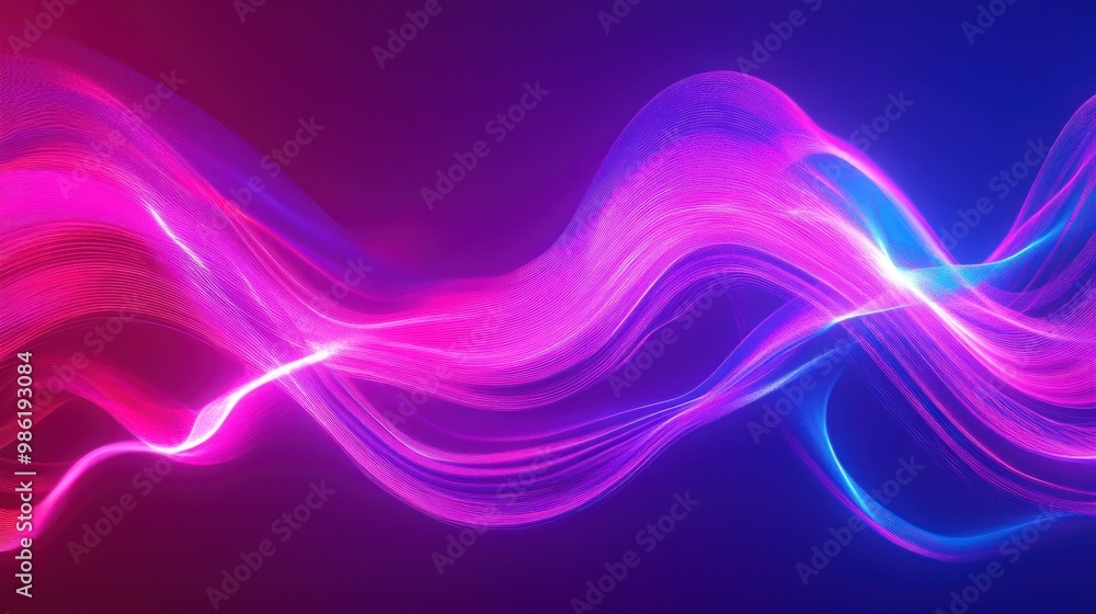 Naklejka premium Abstract wavy lines of neon pink and blue light on a purple background.