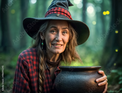 Strega anziana prepara un incantesimo nel calderone – Ritratto stregato di Halloween photo