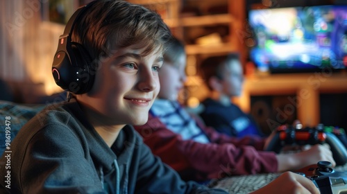 A teenage boy playing video games with friends, fully engaged and smiling