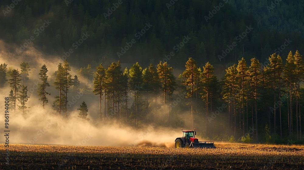 Fototapeta premium A tractor toils in a field, framed by a forest's embrace, working in harmony with nature.