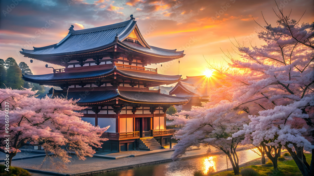 Japanese temple glowing in the morning light with cherry blossom trees , Japan, temple, morning, sunlight Japanese temple glowing in the morning light with cherry blossom trees , Japan, temple, morning, sunlight