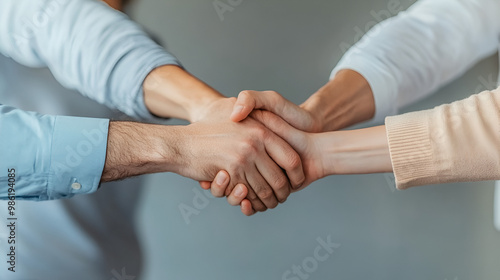 team working together in a business setting, their hands joined in a gesture of unity and cooperation The scene depicts a professional environment with a focus on teamwork and shared success