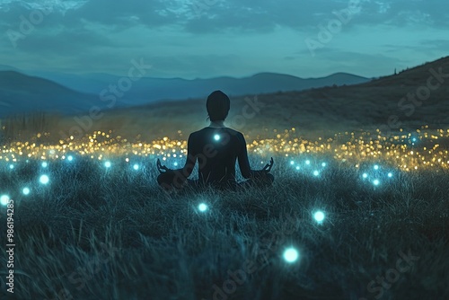 Person meditating in an open field, with glowing orbs of energy surrounding them, signifying spiritual awakening