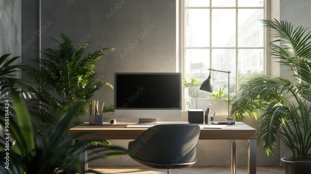 Modern home office with a desk, computer, and plants. Modern home office with a desk, computer, and plants.