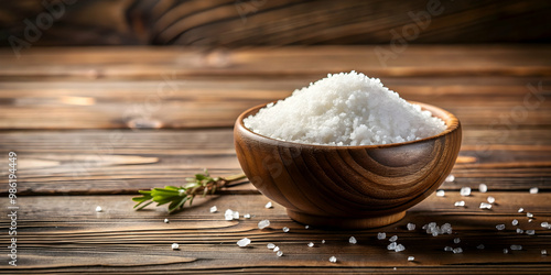 Pile of salt in a decorative bowl on a wooden table , seasoning, condiment, cooking, ingredient, kitchen, white