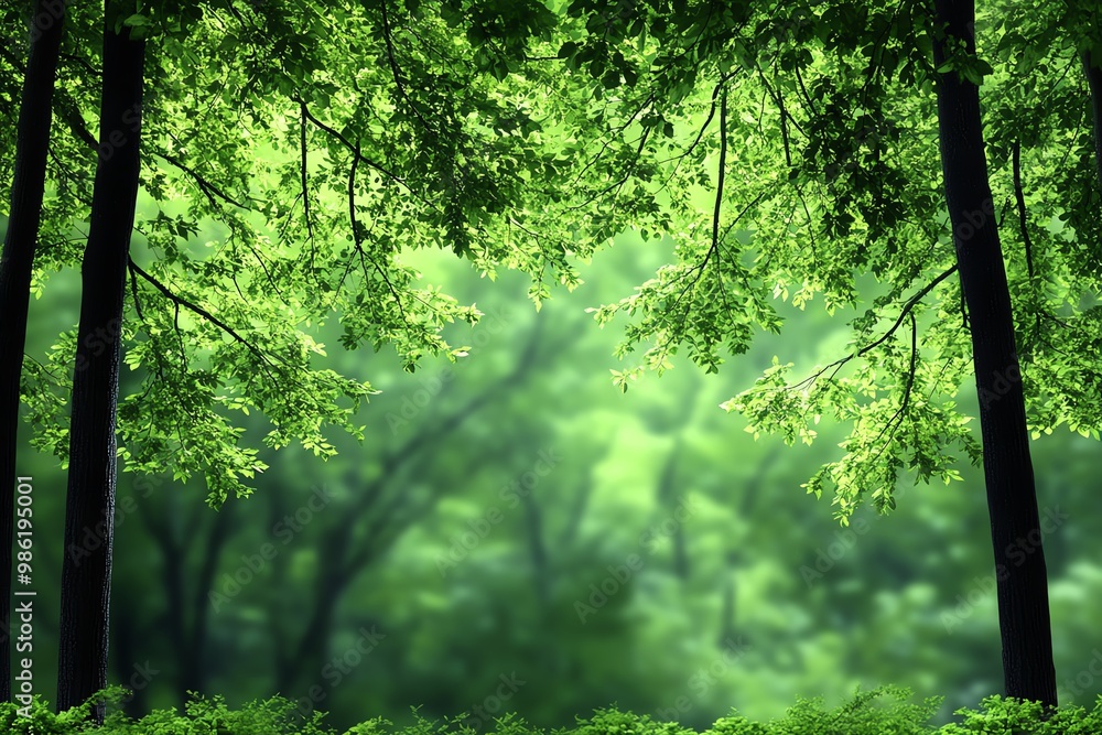 Fototapeta premium A blurred forest background, with soft green hues and light filtering through, creating a peaceful, natural scene