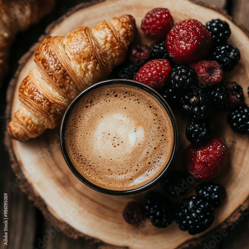 perfect breakfast with coffee and croissants with fruit - - top view