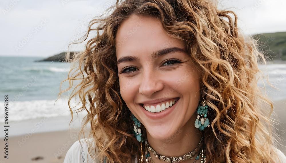 A young woman with curly hair smiling at the beach, wearing earrings and a necklace. A young woman with curly hair smiling at the beach, wearing earrings and a necklace.
