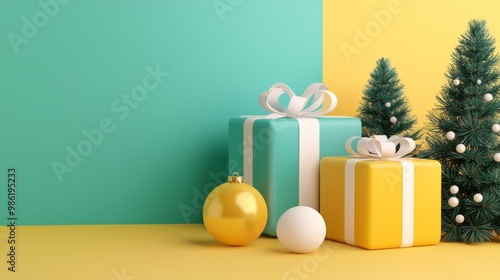 Colorful Christmas Gifts and Decorations on Yellow Background