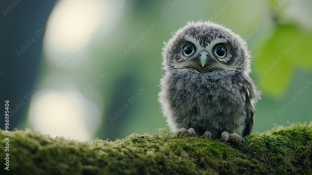 Adorable Baby Owl Perched on Moss-Covered Branch in Forest Soft Background Adorable Baby Owl Perched on Moss-Covered Branch in Forest Soft Background