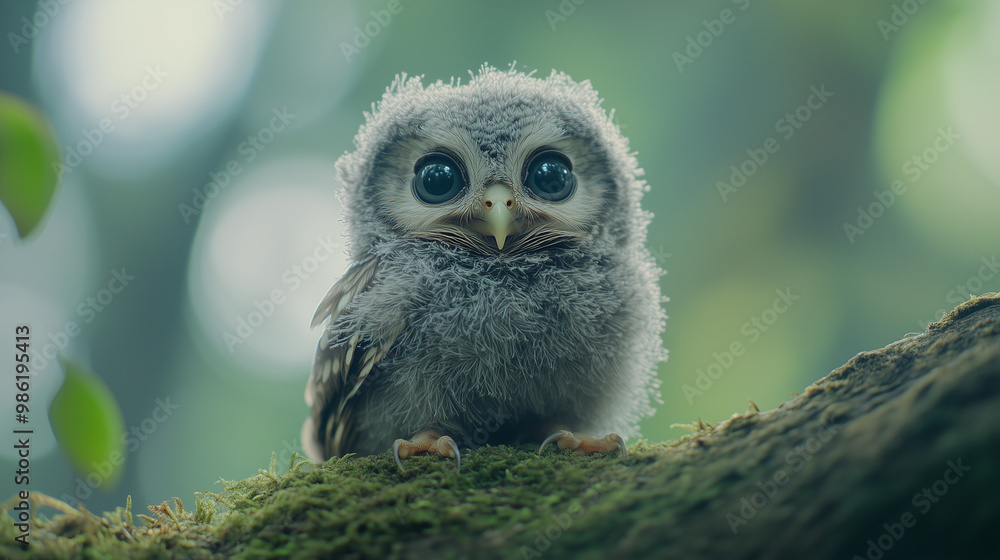 Fluffy Baby Owl Staring Wide-Eyed on a Moss-Covered Branch Forest Background Fluffy Baby Owl Staring Wide-Eyed on a Moss-Covered Branch Forest Background