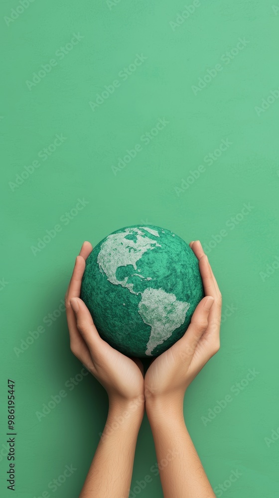 Green Hands Holding Earth Globe on Solid Background Green Hands Holding Earth Globe on Solid Background