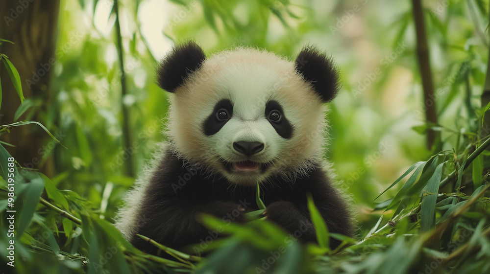 Curious Baby Panda Peeking Through Bamboo Leaves In Sunlit Forest Curious Baby Panda Peeking Through Bamboo Leaves In Sunlit Forest