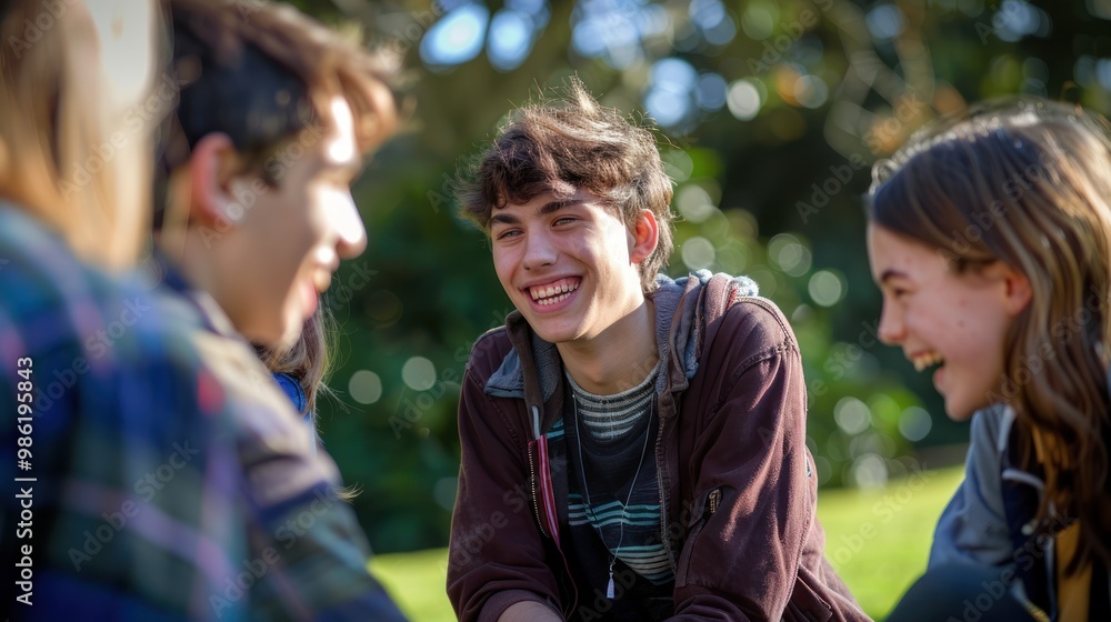 A group of teenagers hanging out in a park, laughing and enjoying each other's company
