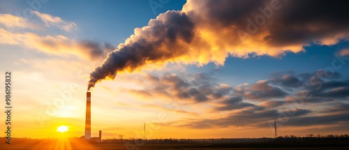 Industrial smokestack against a sunset sky photo