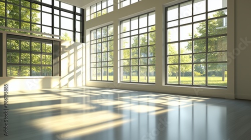 Sunlight streams through large windows in a modern classroom, casting gentle shadows on the floor. The room is quiet, filled with a sense of calm and focus.