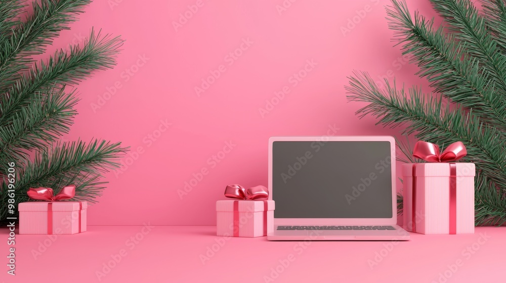 Laptop and Gifts on Pink Background for Holiday Season Laptop and Gifts on Pink Background for Holiday Season