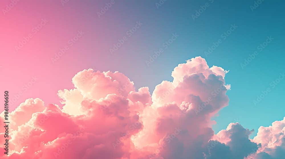 Fluffy clouds float in a pink and blue sky, a dreamy vision of peace and calm. Fluffy clouds float in a pink and blue sky, a dreamy vision of peace and calm.
