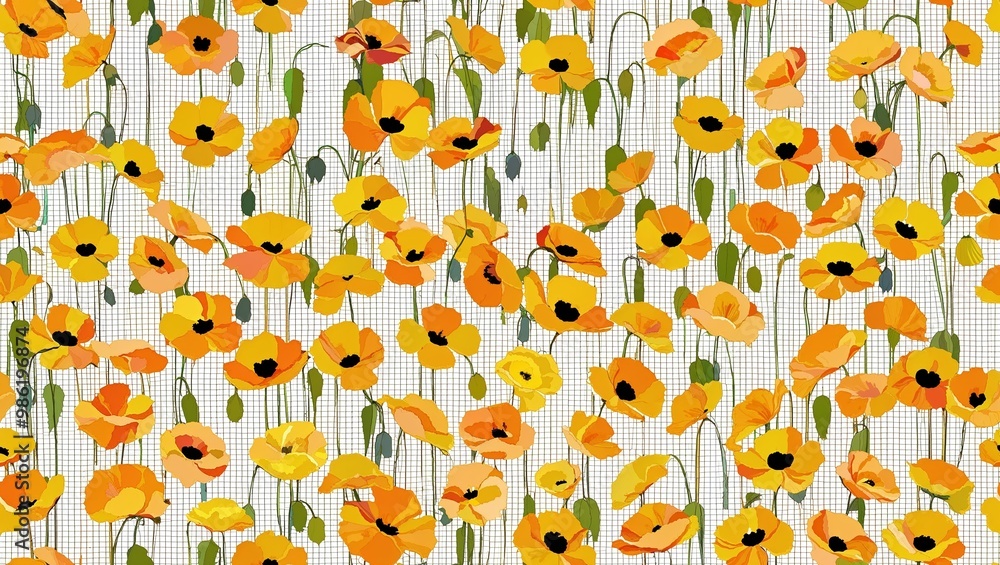 Pale yellow poppies mosaic texture seamless plain white background design Pale yellow poppies mosaic texture seamless plain white background design