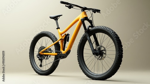 Yellow mountain bike with black wheels and suspension.