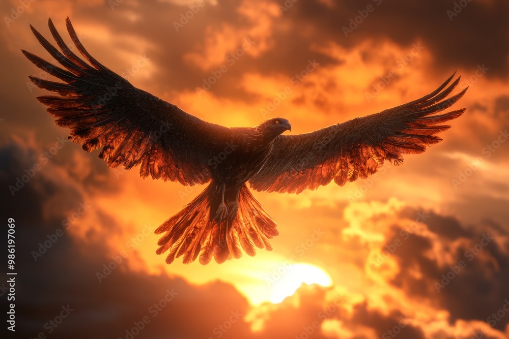 Obraz premium A majestic bird of prey soaring against a backdrop of vibrant clouds. Its wings spread wide, capturing the essence of freedom and strength. Nature in motion. Generative AI