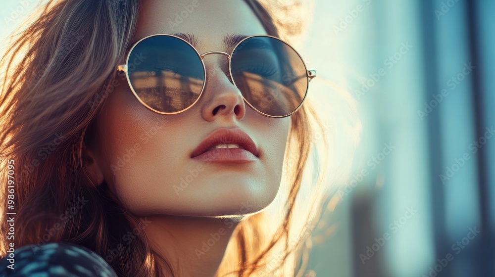 Closeup portrait of a woman with long hair wearing round sunglasses. Closeup portrait of a woman with long hair wearing round sunglasses.