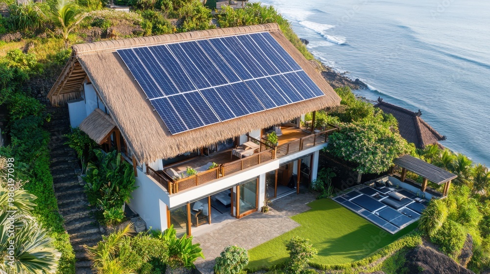 Thatched house with solar panels in remote Bali, ocean view and eco-living