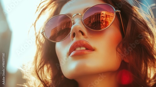 Close-up portrait of a beautiful woman wearing sunglasses, with the sun illuminating her hair.