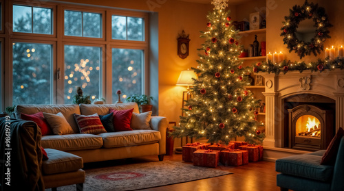 Decorazioni natalizie davanti al camino con candele accese – Stanza illuminata e festosa