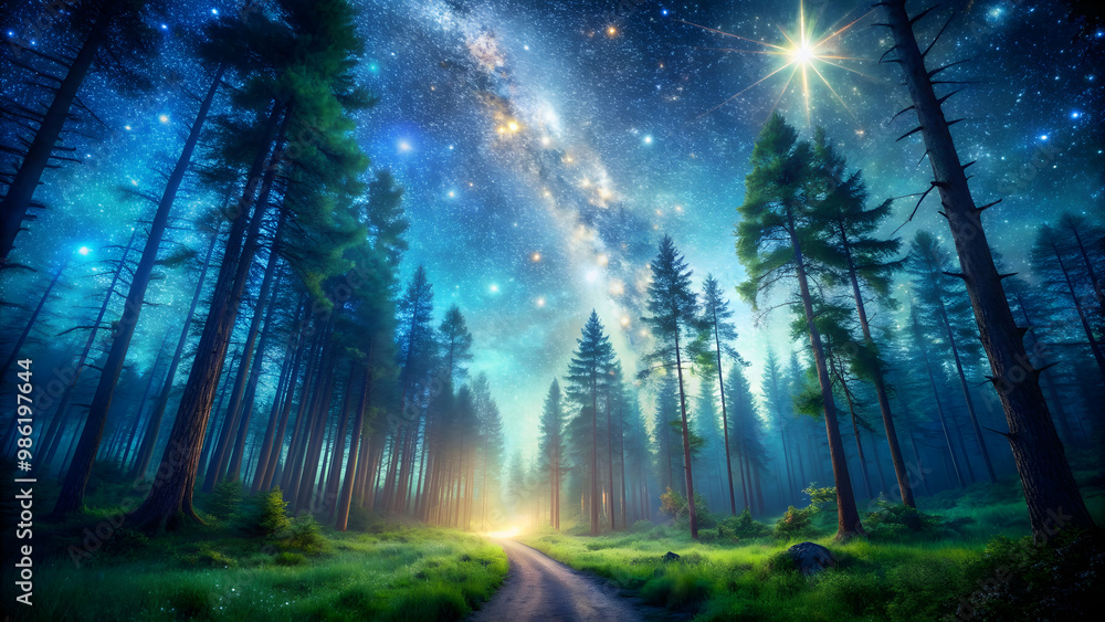 Enchanting forest scene at night with a starry sky overhead Enchanting forest scene at night with a starry sky overhead