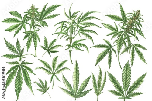 Cannabis Plant Illustration. Botanical Drawing of Ganja Leaves, Isolated on White Background