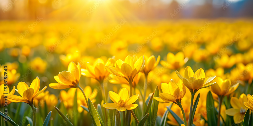 Obraz premium Bright yellow Osterglocken flowers blooming in a field, spring, narcissus, daffodil, bloom, yellow, floral, garden, nature