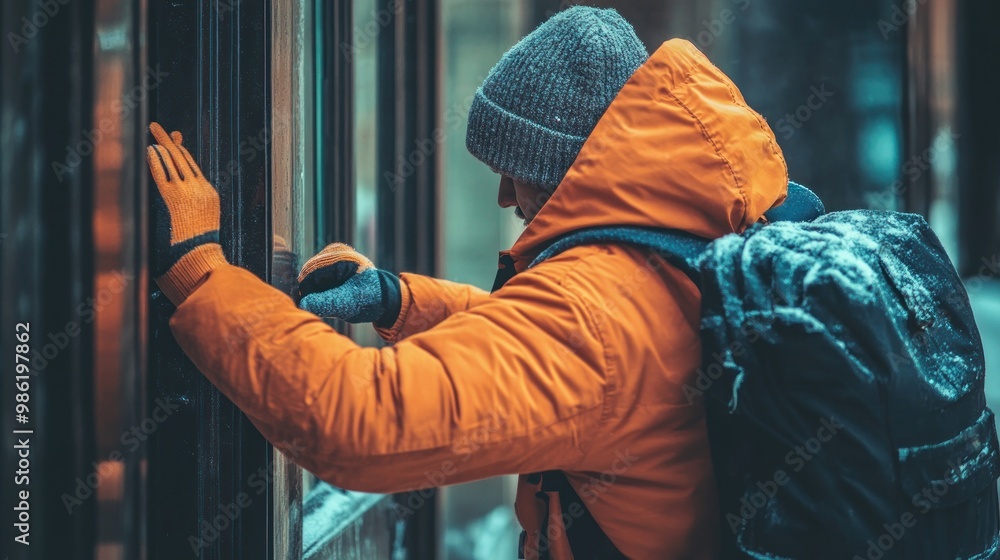 A man wearing an orange jacket and a gray beanie tries to open a door in the cold weather. A man wearing an orange jacket and a gray beanie tries to open a door in the cold weather.