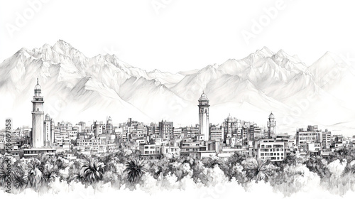 Dehradun, India, black and white pen pencil hand-drawn effect drawing illustration for travel poster, card, wallpaper, backdrop or banner. Modern, clear, artistic and simple photo