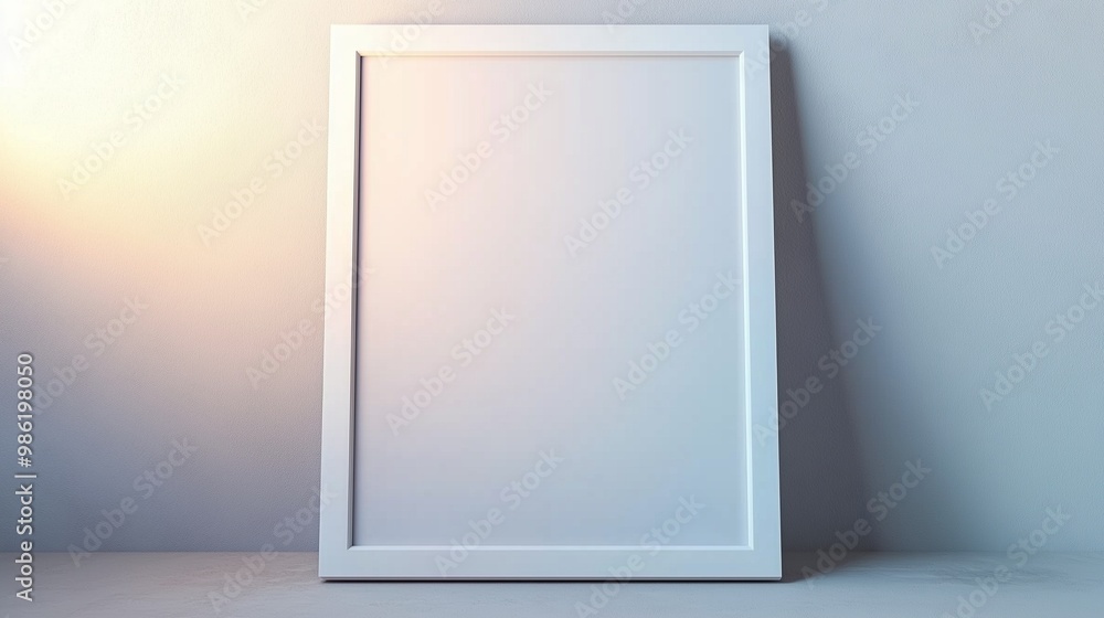 A blank white frame leaning against a pale grey wall with soft lighting from the top casting a smooth gradient across the wall. A blank white frame leaning against a pale grey wall with soft lighting from the top casting a smooth gradient across the wall.
