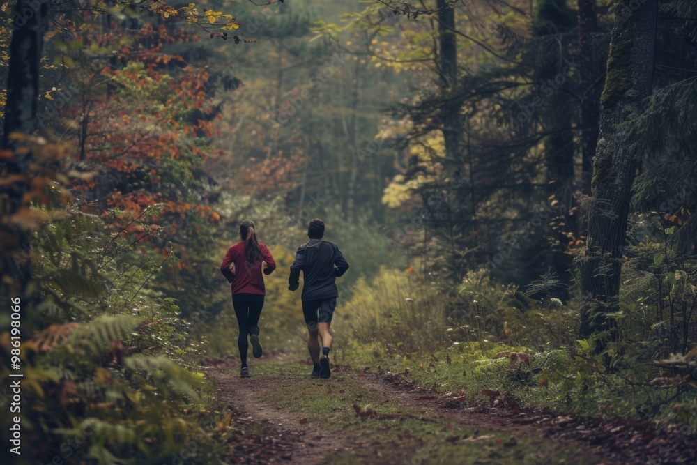 Couple Running through an Autumnal Forest Couple Running through an Autumnal Forest