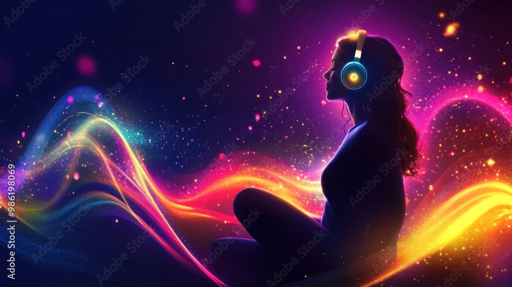 A woman sits in meditation with headphones on against a colorful, neon, abstract background. A woman sits in meditation with headphones on against a colorful, neon, abstract background.