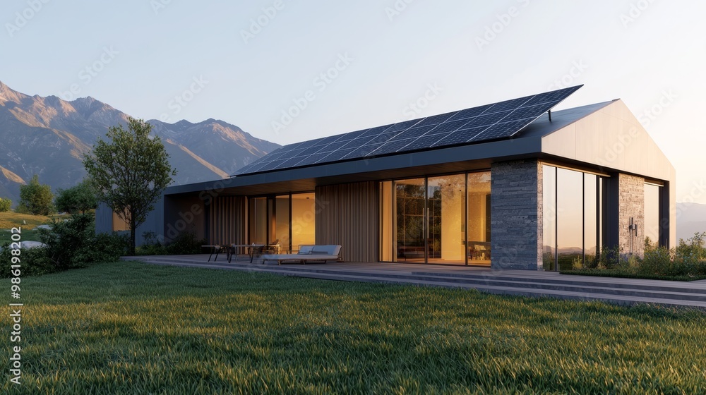 Modern House with Solar Panels in Mountain Landscape Modern House with Solar Panels in Mountain Landscape