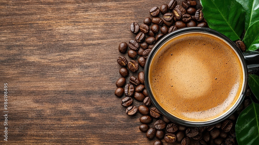 A cup of coffee is sitting on a wooden table with a pile of coffee beans around it. Concept of warmth and comfort, as the coffee and beans are associated with relaxation and enjoyment A cup of coffee is sitting on a wooden table with a pile of coffee beans around it. Concept of warmth and comfort, as the coffee and beans are associated with relaxation and enjoyment
