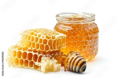 Honey in a glass jar and honeycombs on a white background with generative ai