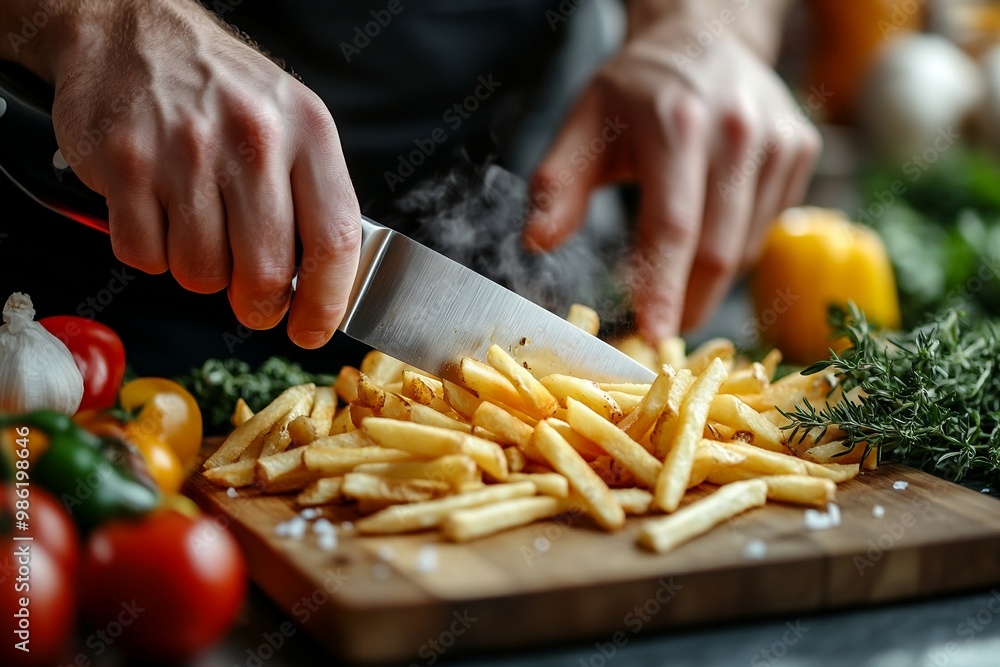Chef cutting french fries with a knife on kitchen background. Cooking and culinary arts concept. Close-up lifestyle shot for poster, presentation, advertising, restaurant Chef cutting french fries with a knife on kitchen background. Cooking and culinary arts concept. Close-up lifestyle shot for poster, presentation, advertising, restaurant