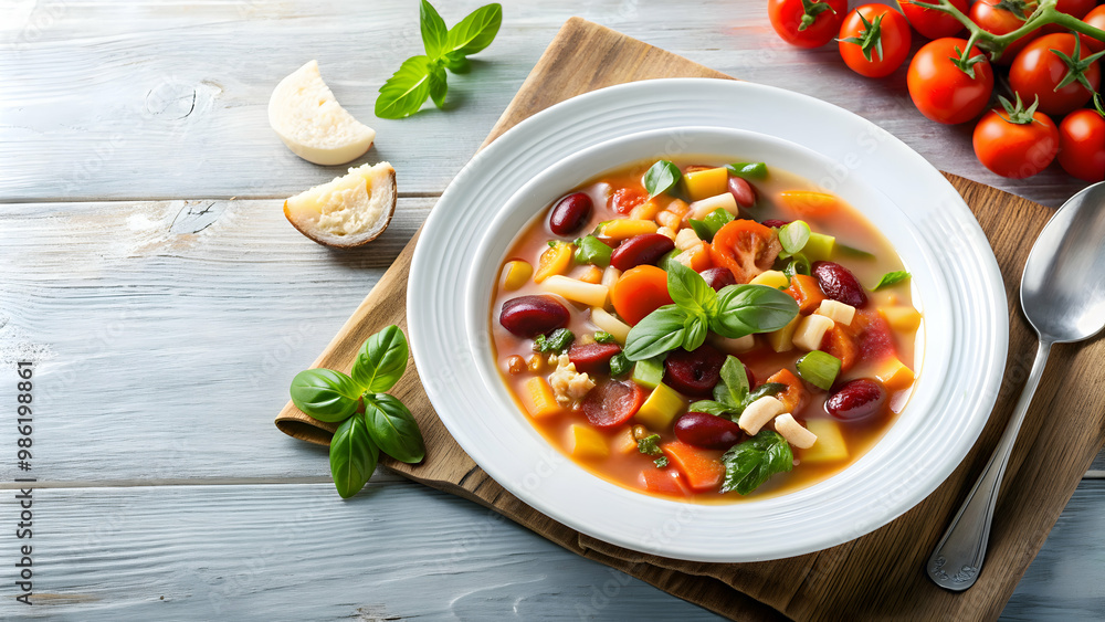 Plate of traditional Italian minestrone soup on light table, Italian, minestrone, soup, food, cuisine, healthy, vegetables, homemade Plate of traditional Italian minestrone soup on light table, Italian, minestrone, soup, food, cuisine, healthy, vegetables, homemade