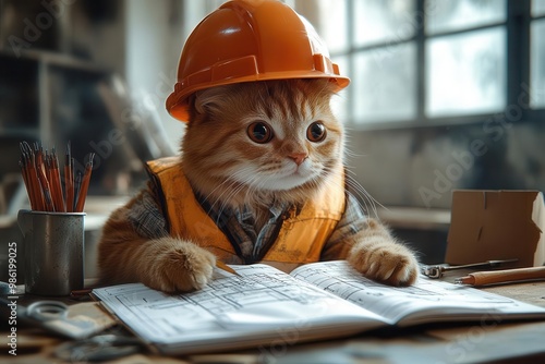 whimsical illustration of cat wearing hard hat and safety vest working on blueprints desk setting notebook architectural tools playful take on feline engineer concept photo