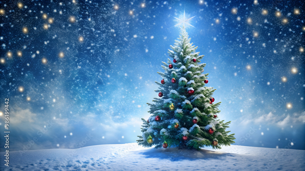Christmas tree covered in snow with snowflakes falling around it, Christmas, tree, snowflakes, winter, holiday, decorations, festive Christmas tree covered in snow with snowflakes falling around it, Christmas, tree, snowflakes, winter, holiday, decorations, festive