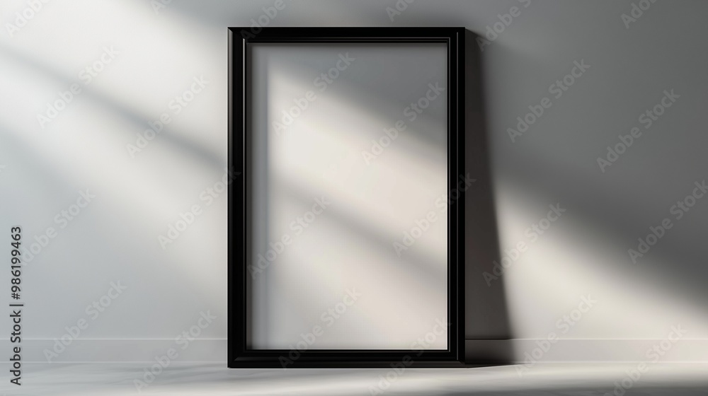 A minimalist black frame standing out against a pale grey wall with a subtle spotlight shining directly above, creating a soft shadow. A minimalist black frame standing out against a pale grey wall with a subtle spotlight shining directly above, creating a soft shadow.