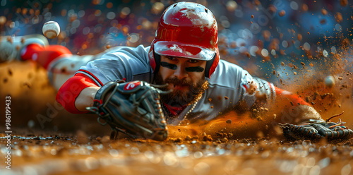 Professional Baseball Player Diving for the Ball at Home Plate in a Stadium. Generative AI.