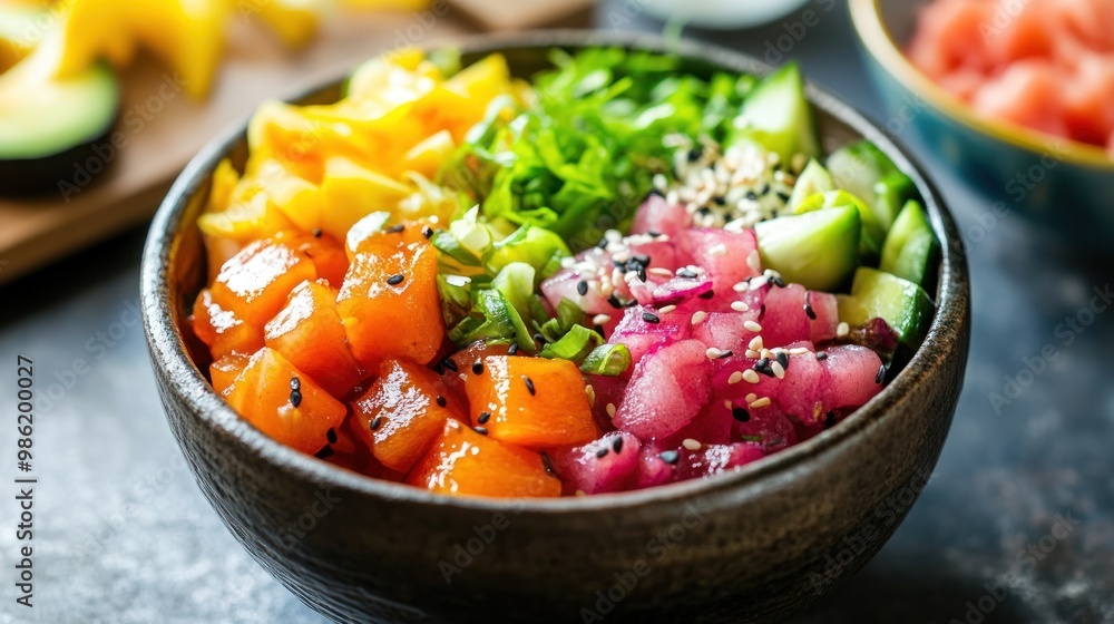 Close-up of a poke bowl with salmon, red onion, cucumber, green onion, and sesame seeds. Close-up of a poke bowl with salmon, red onion, cucumber, green onion, and sesame seeds.